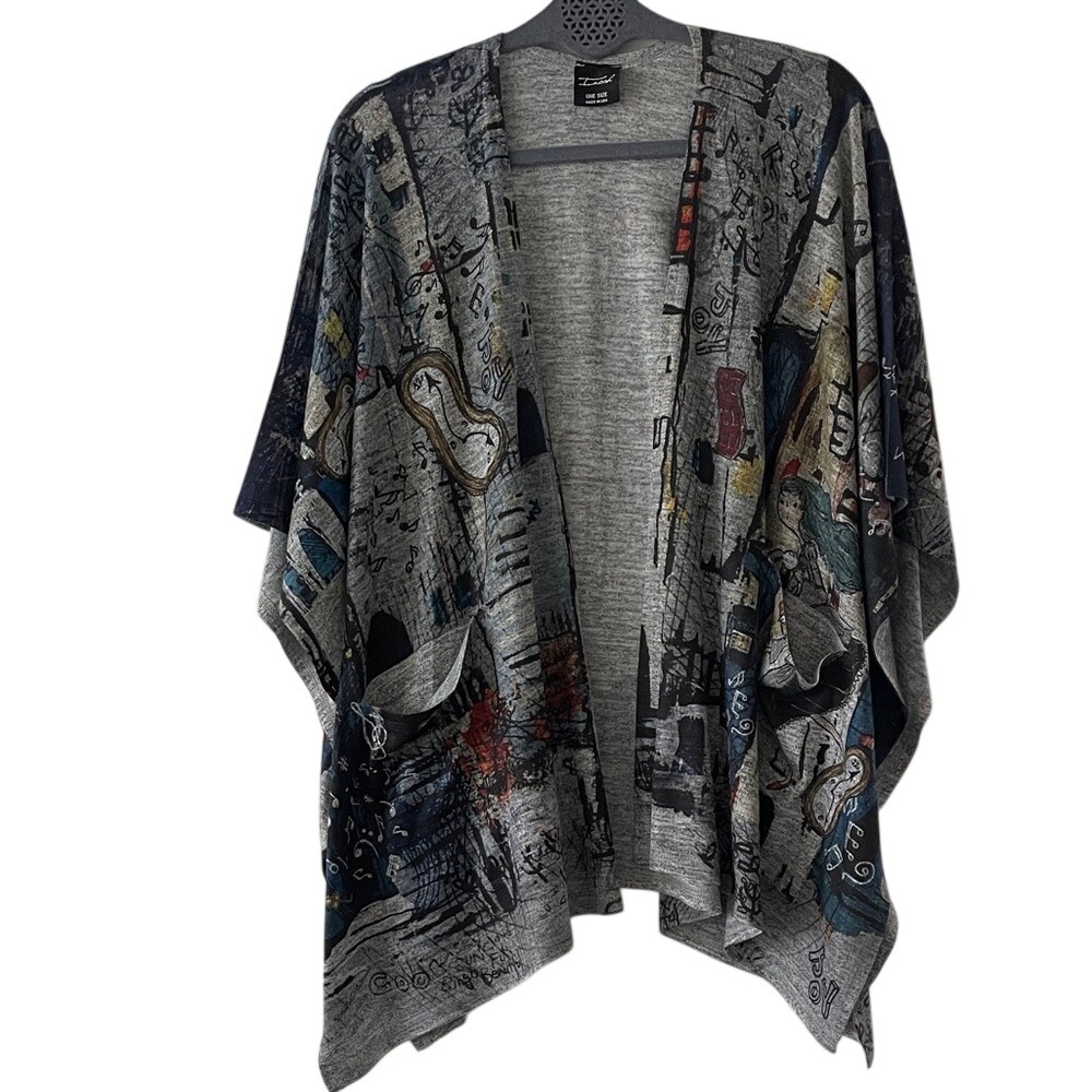 Inoah Gray Abstract Music Print Open Front Cape Shawl O/S